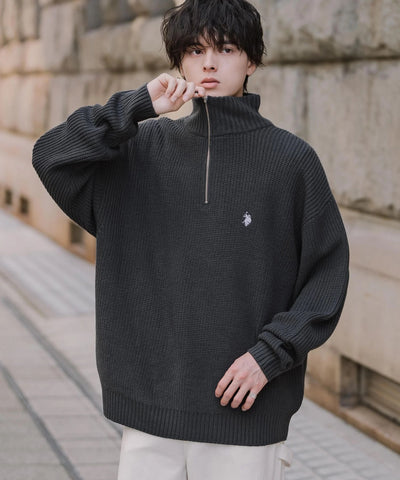 U.S. POLO ASSN.  / 寬鬆畦編刺繡 半拉鍊針織衫（日本聯名限定）