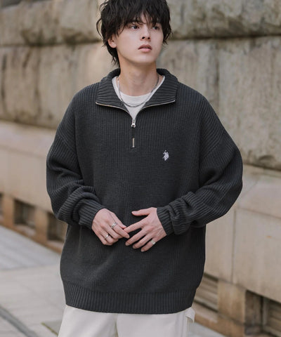 U.S. POLO ASSN.  / 寬鬆畦編刺繡 半拉鍊針織衫（日本聯名限定）