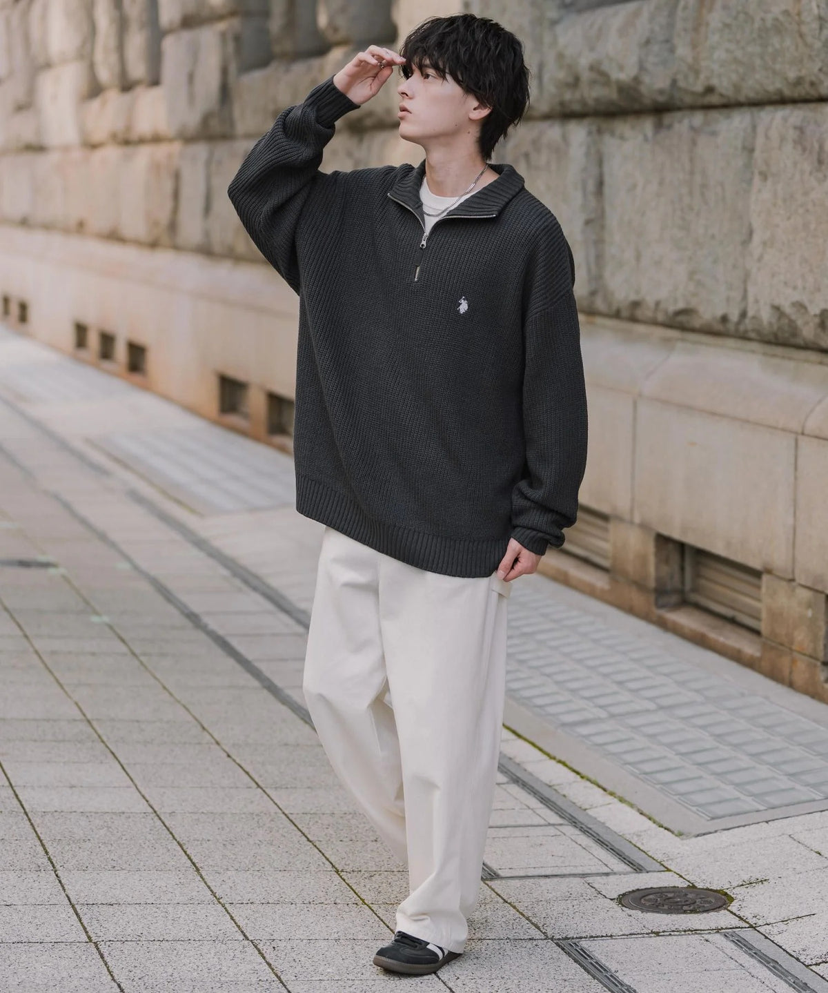 U.S. POLO ASSN.  / 寬鬆畦編刺繡 半拉鍊針織衫（日本聯名限定）