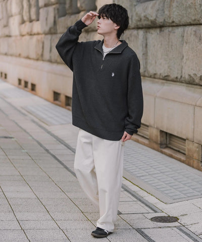 U.S. POLO ASSN.  / 寬鬆畦編刺繡 半拉鍊針織衫（日本聯名限定）