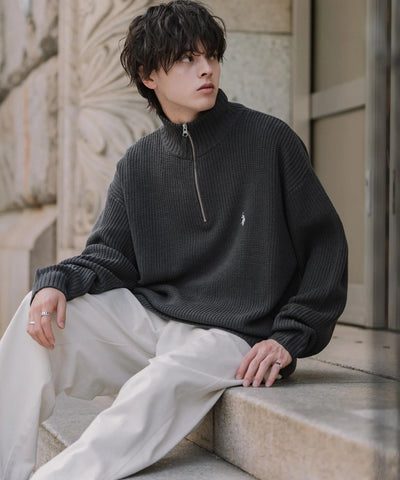 U.S. POLO ASSN.  / 寬鬆畦編刺繡 半拉鍊針織衫（日本聯名限定）