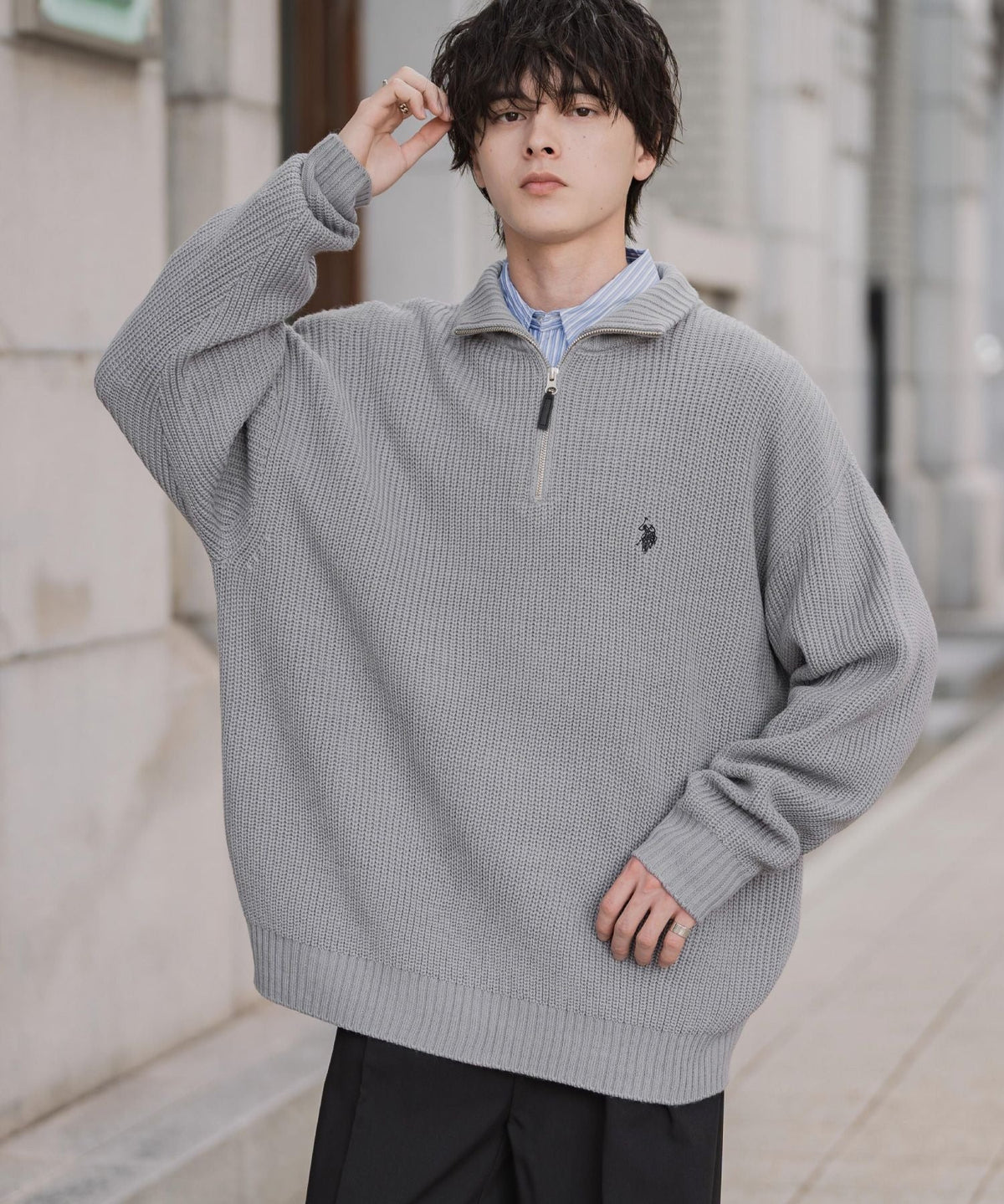 U.S. POLO ASSN.  / 寬鬆畦編刺繡 半拉鍊針織衫（日本聯名限定）