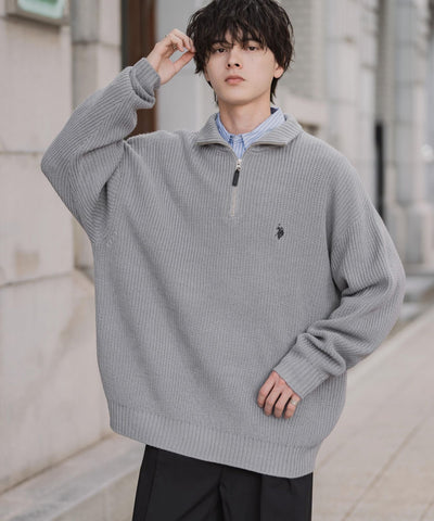 U.S. POLO ASSN.  / 寬鬆畦編刺繡 半拉鍊針織衫（日本聯名限定）