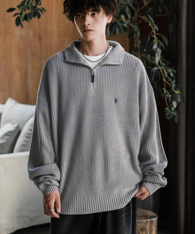 U.S. POLO ASSN.  / 寬鬆畦編刺繡 半拉鍊針織衫（日本聯名限定）