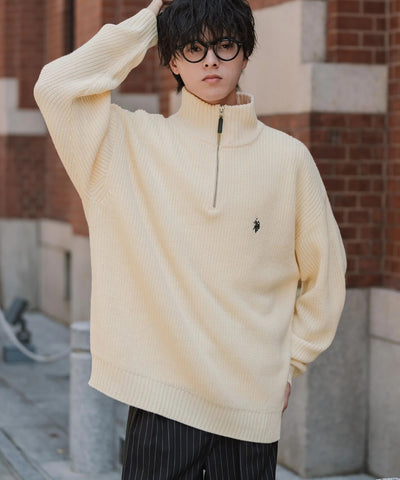 U.S. POLO ASSN.  / 寬鬆畦編刺繡 半拉鍊針織衫（日本聯名限定）