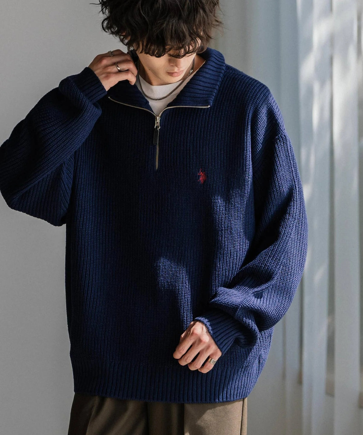 U.S. POLO ASSN.  / 寬鬆畦編刺繡 半拉鍊針織衫（日本聯名限定）