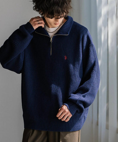 U.S. POLO ASSN.  / 寬鬆畦編刺繡 半拉鍊針織衫（日本聯名限定）