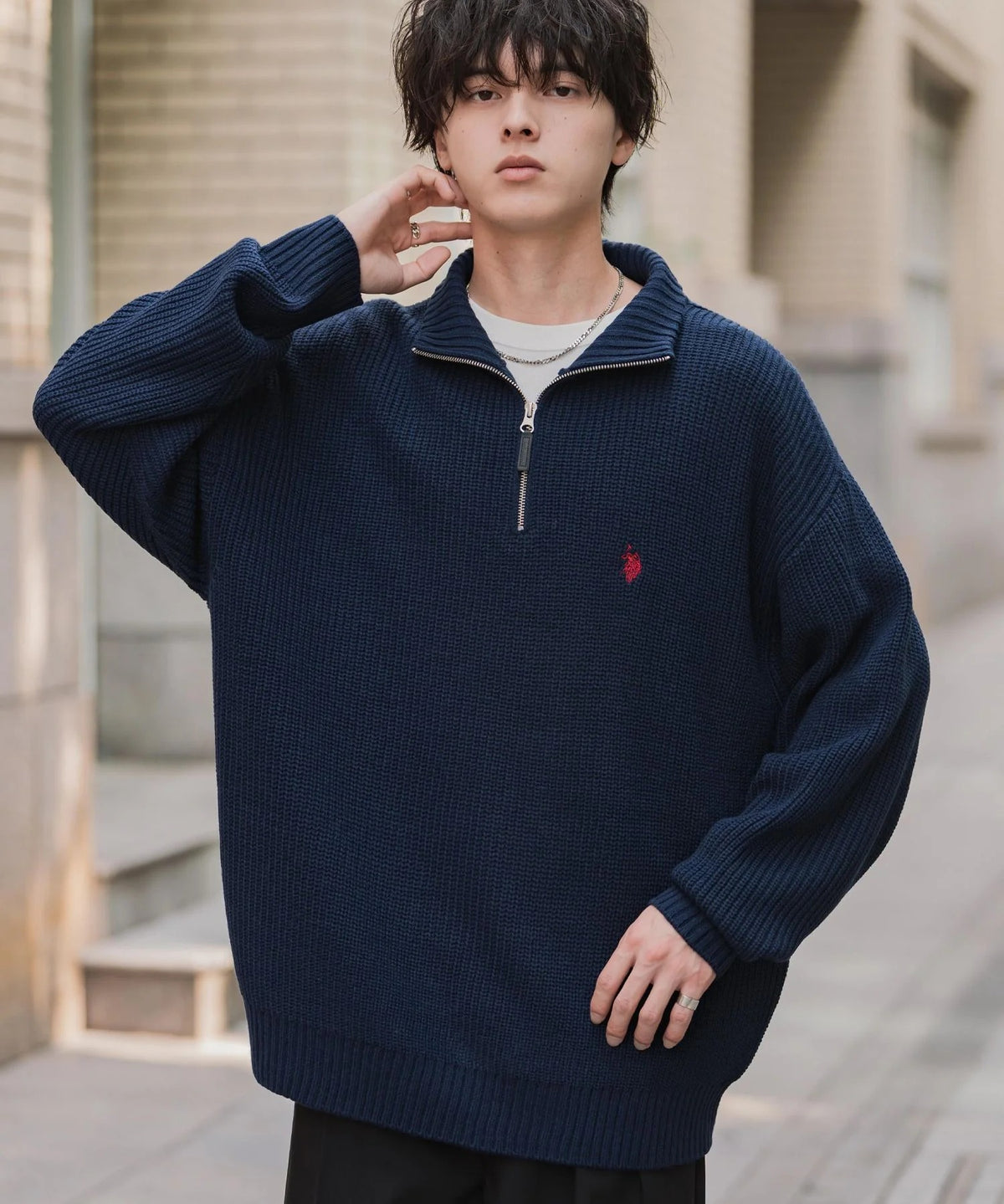 U.S. POLO ASSN.  / 寬鬆畦編刺繡 半拉鍊針織衫（日本聯名限定）