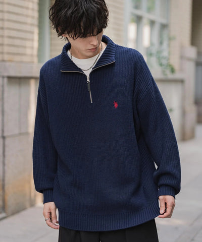 U.S. POLO ASSN.  / 寬鬆畦編刺繡 半拉鍊針織衫（日本聯名限定）