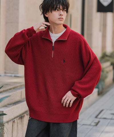 U.S. POLO ASSN.  / 寬鬆畦編刺繡 半拉鍊針織衫（日本聯名限定）