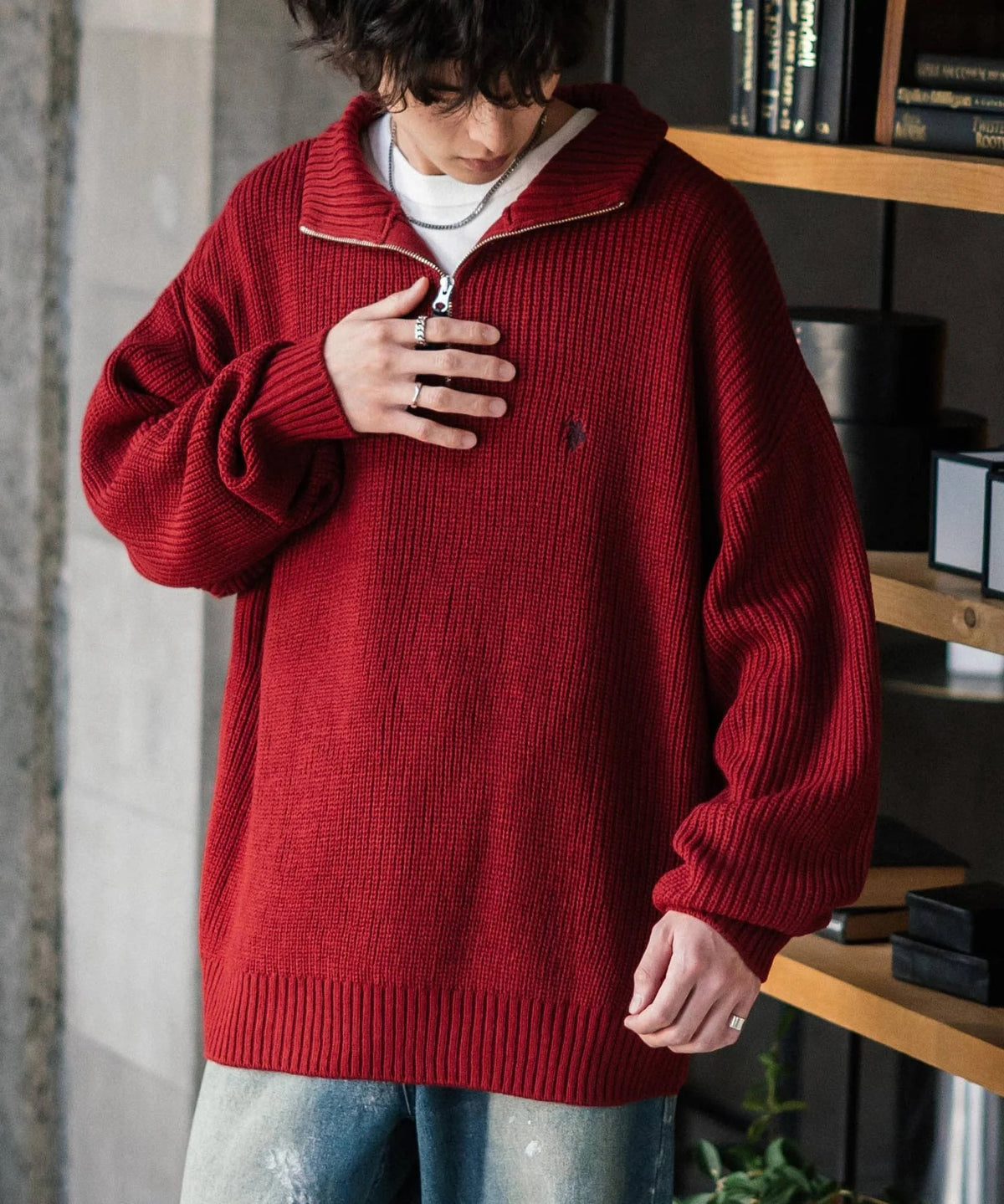 U.S. POLO ASSN.  / 寬鬆畦編刺繡 半拉鍊針織衫（日本聯名限定）
