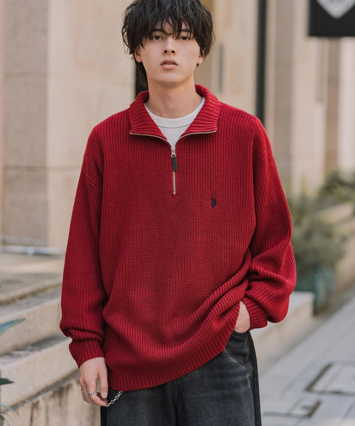 U.S. POLO ASSN.  / 寬鬆畦編刺繡 半拉鍊針織衫（日本聯名限定）