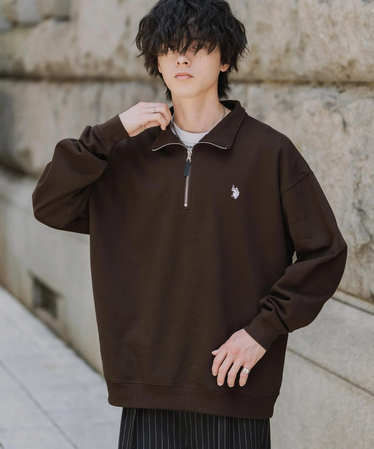 U.S. POLO ASSN. / 寬鬆 刷毛刺繡 半拉鍊開襟衫（日本聯名限定）