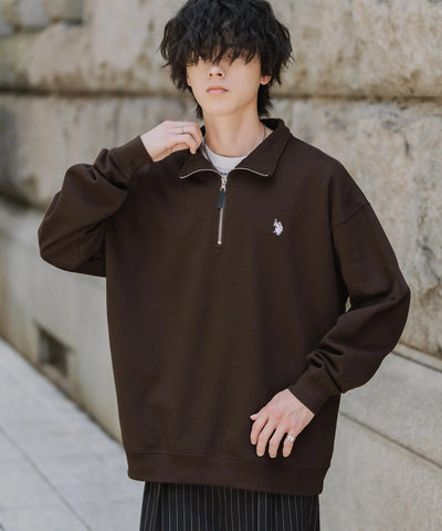 U.S. POLO ASSN. / 寬鬆 刷毛刺繡 半拉鍊開襟衫（日本聯名限定）