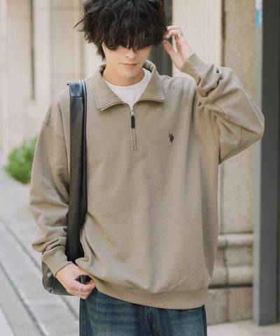 U.S. POLO ASSN. / 寬鬆 刷毛刺繡 半拉鍊開襟衫（日本聯名限定）