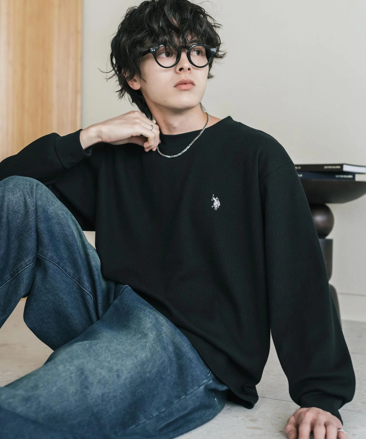 U.S. POLO ASSN. / 刺繡格紋圓領長袖T恤（日本聯名限定）