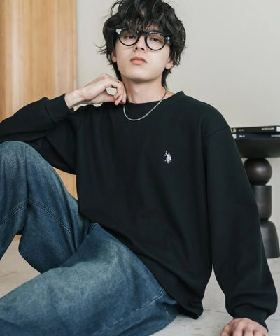 U.S. POLO ASSN. / 刺繡格紋圓領長袖T恤（日本聯名限定）