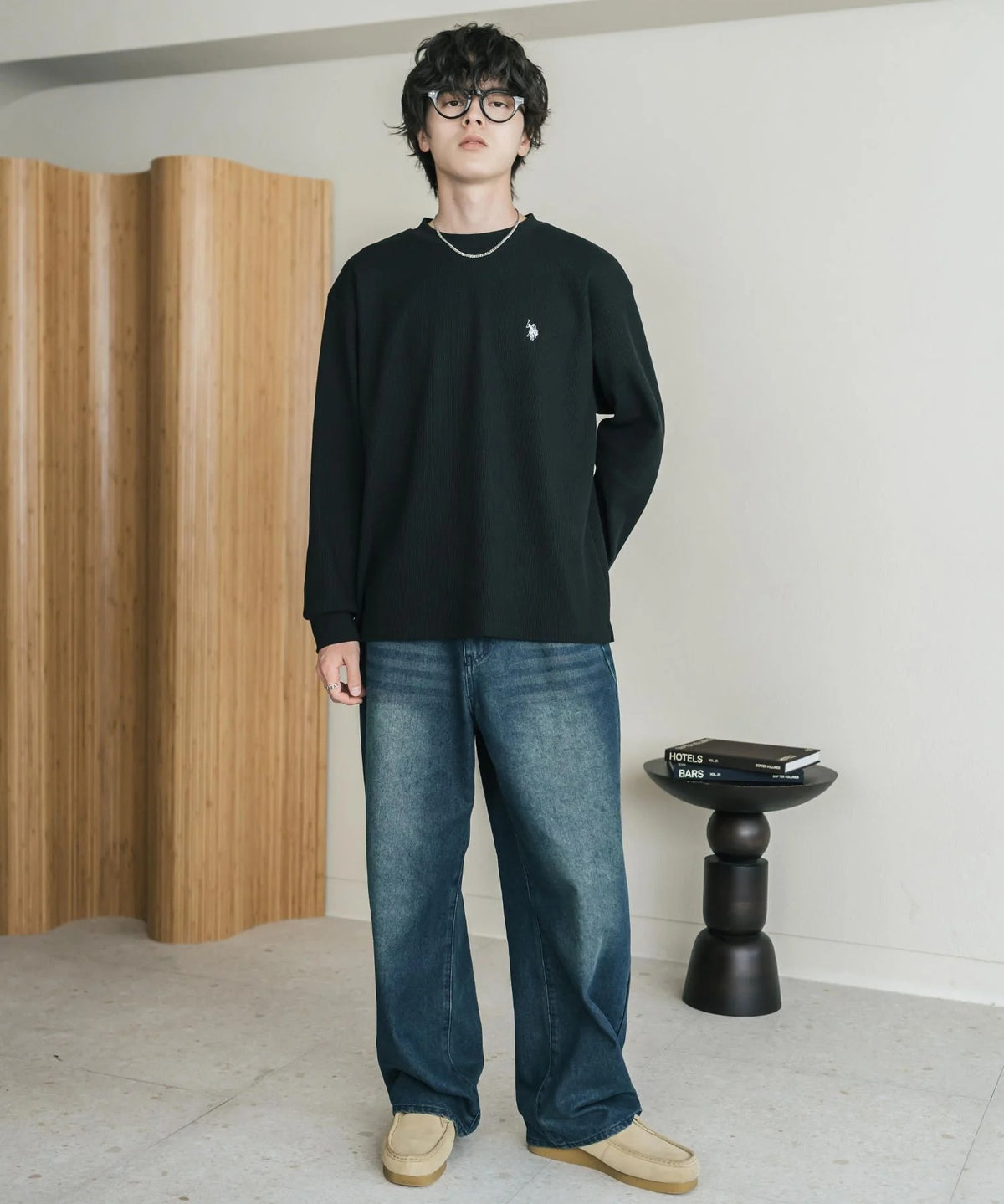 U.S. POLO ASSN. / 刺繡格紋圓領長袖T恤（日本聯名限定）