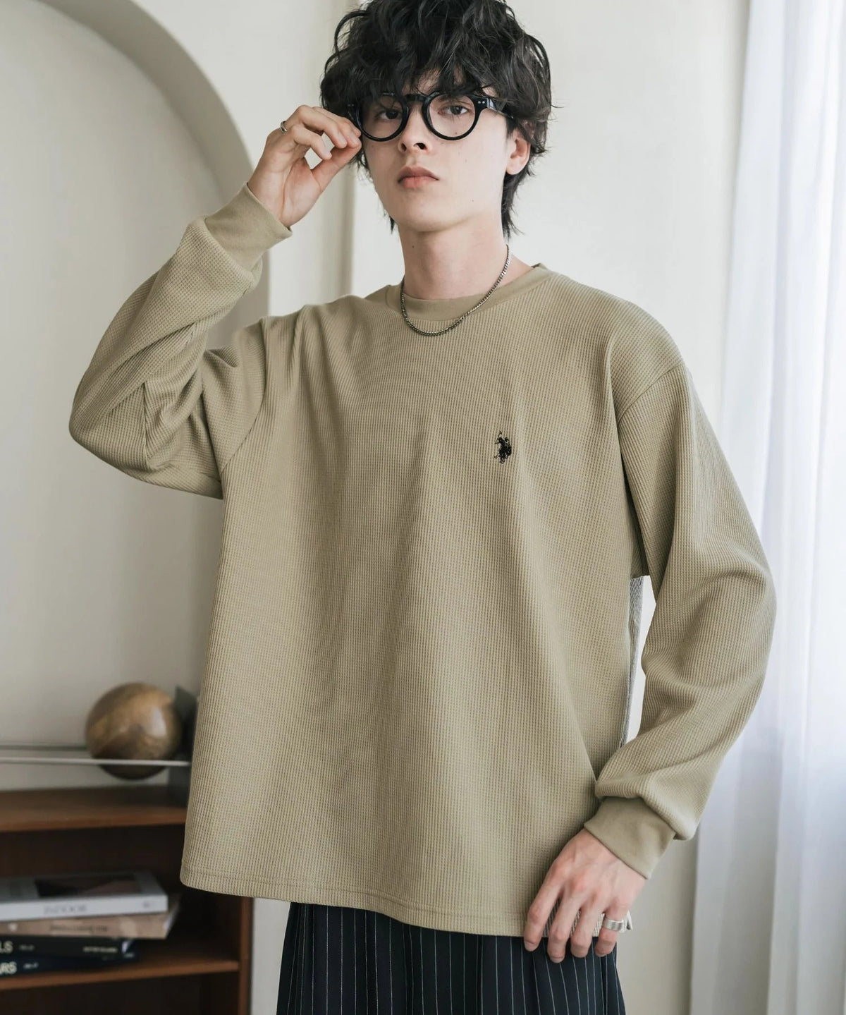 U.S. POLO ASSN. / 刺繡格紋圓領長袖T恤（日本聯名限定）