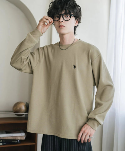 U.S. POLO ASSN. / 刺繡格紋圓領長袖T恤（日本聯名限定）
