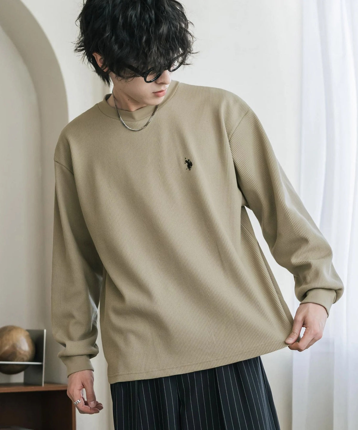 U.S. POLO ASSN. / 刺繡格紋圓領長袖T恤（日本聯名限定）