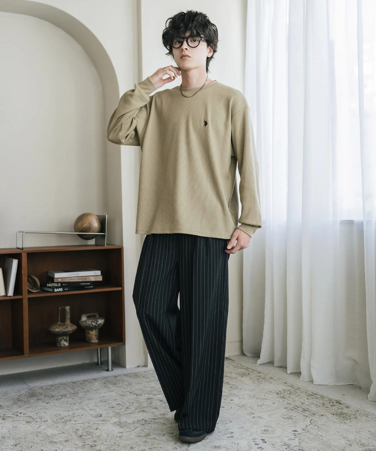 U.S. POLO ASSN. / 刺繡格紋圓領長袖T恤（日本聯名限定）