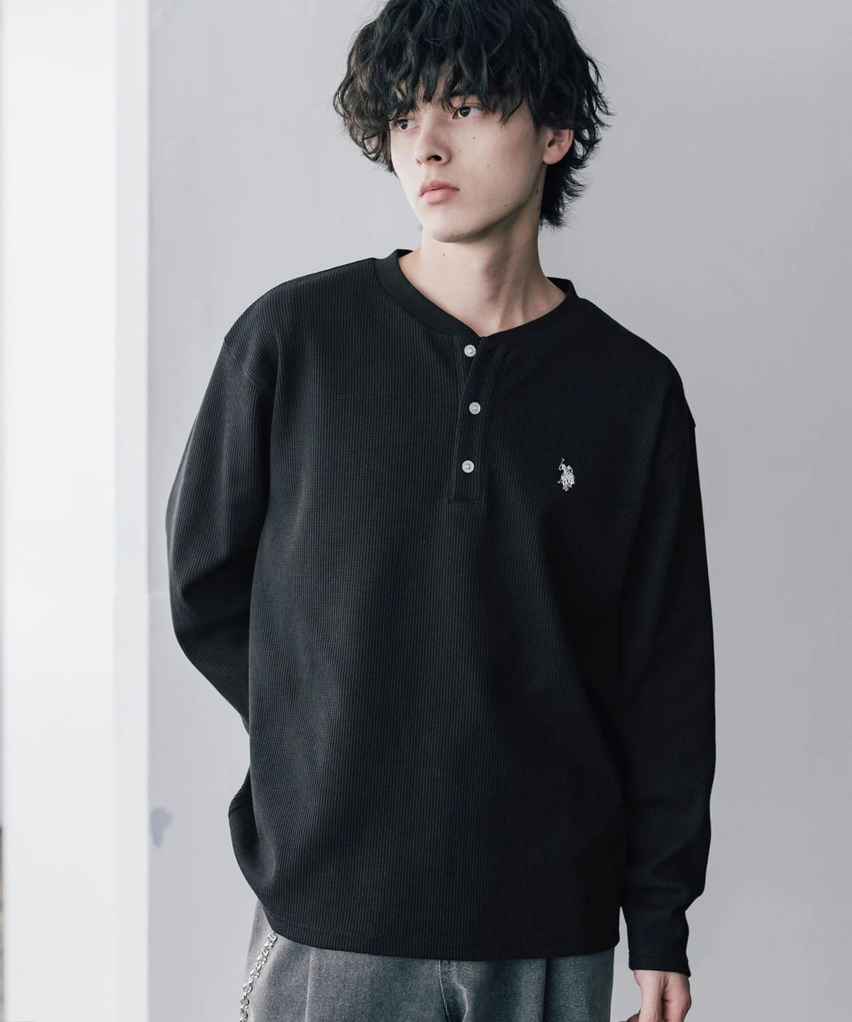 U.S. POLO ASSN. / 刺繡格紋 亨利領長袖T恤（日本聯名限定）