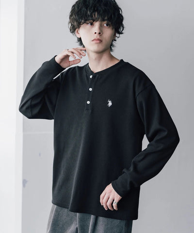 U.S. POLO ASSN. / 刺繡格紋 亨利領長袖T恤（日本聯名限定）