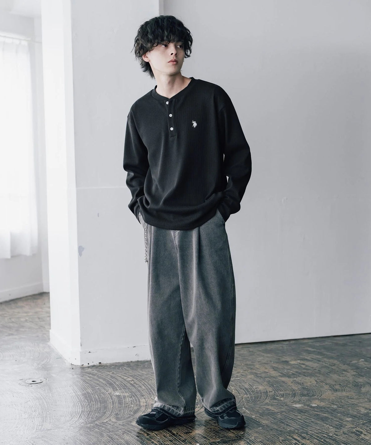 U.S. POLO ASSN. / 刺繡格紋 亨利領長袖T恤（日本聯名限定）