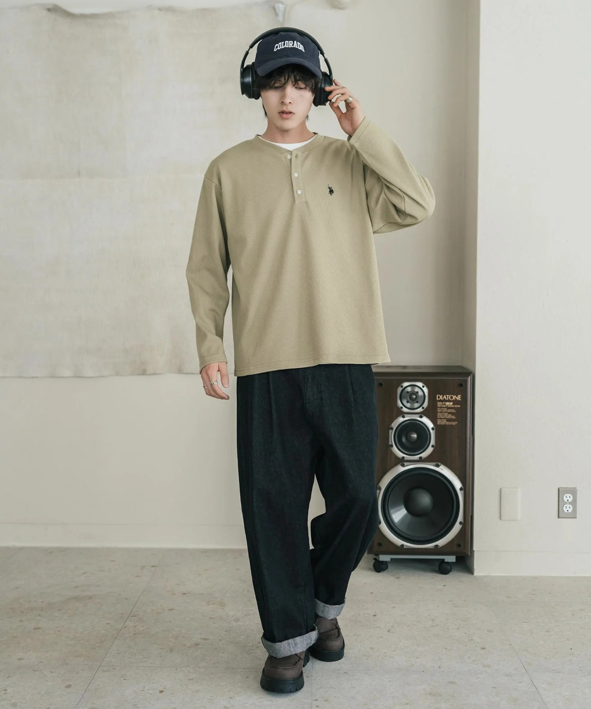U.S. POLO ASSN. / 刺繡格紋 亨利領長袖T恤（日本聯名限定）