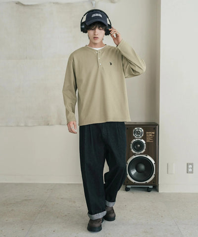 U.S. POLO ASSN. / 刺繡格紋 亨利領長袖T恤（日本聯名限定）