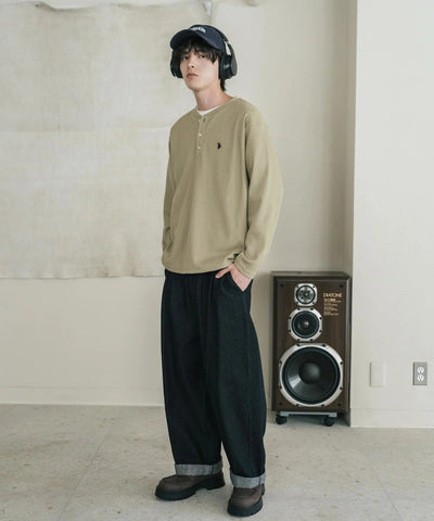 U.S. POLO ASSN. / 刺繡格紋 亨利領長袖T恤（日本聯名限定）