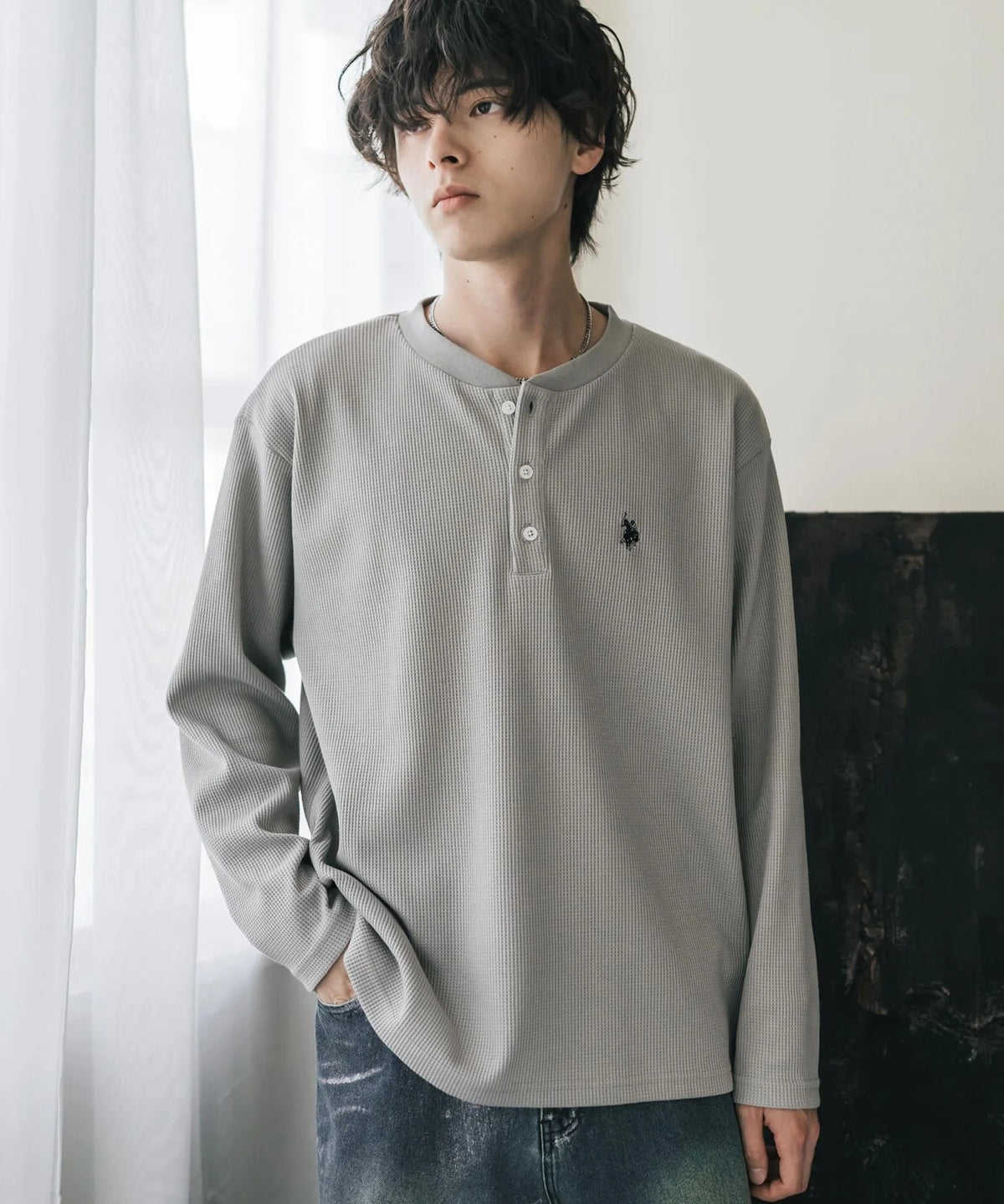 U.S. POLO ASSN. / 刺繡格紋 亨利領長袖T恤（日本聯名限定）