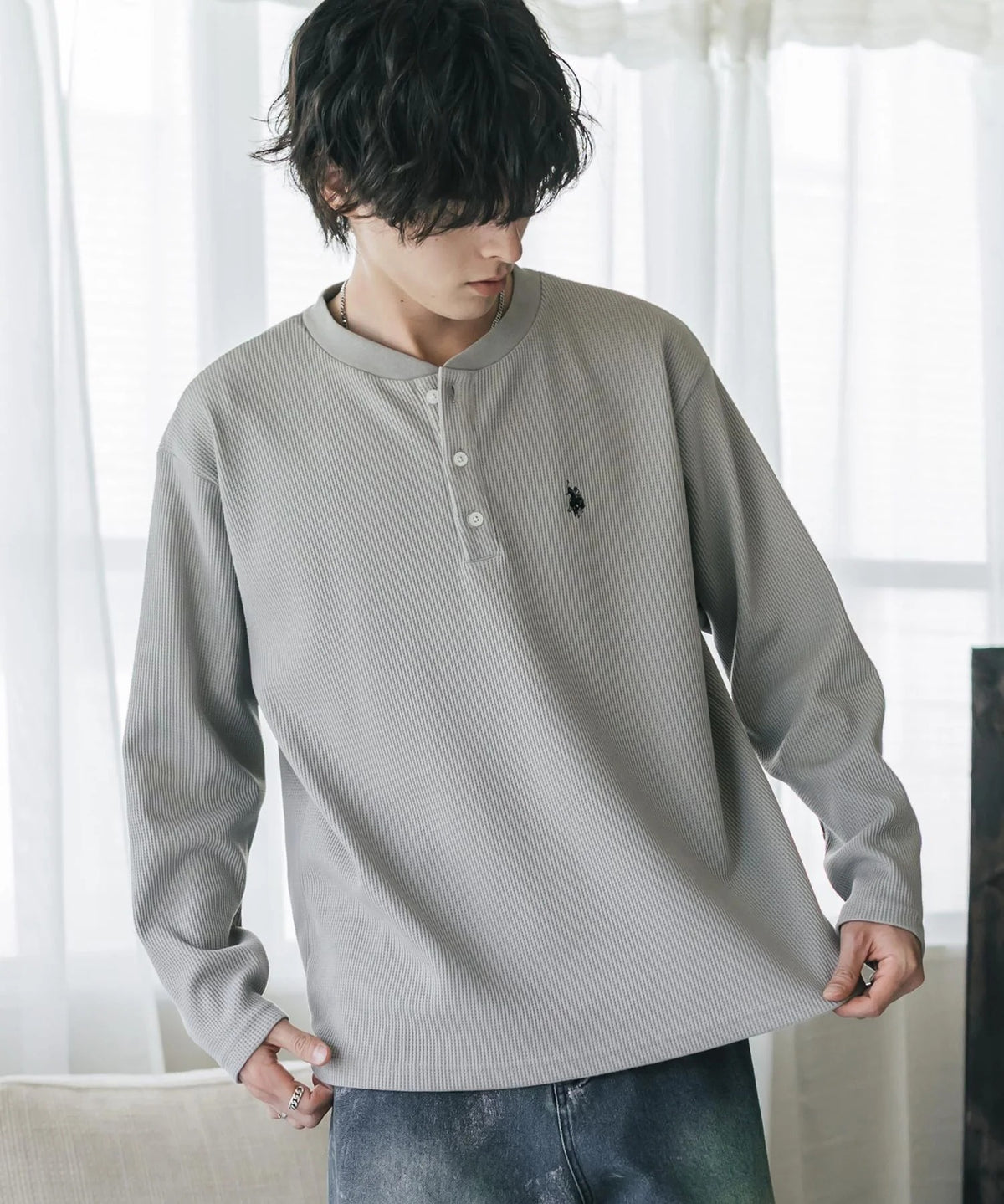 U.S. POLO ASSN. / 刺繡格紋 亨利領長袖T恤（日本聯名限定）