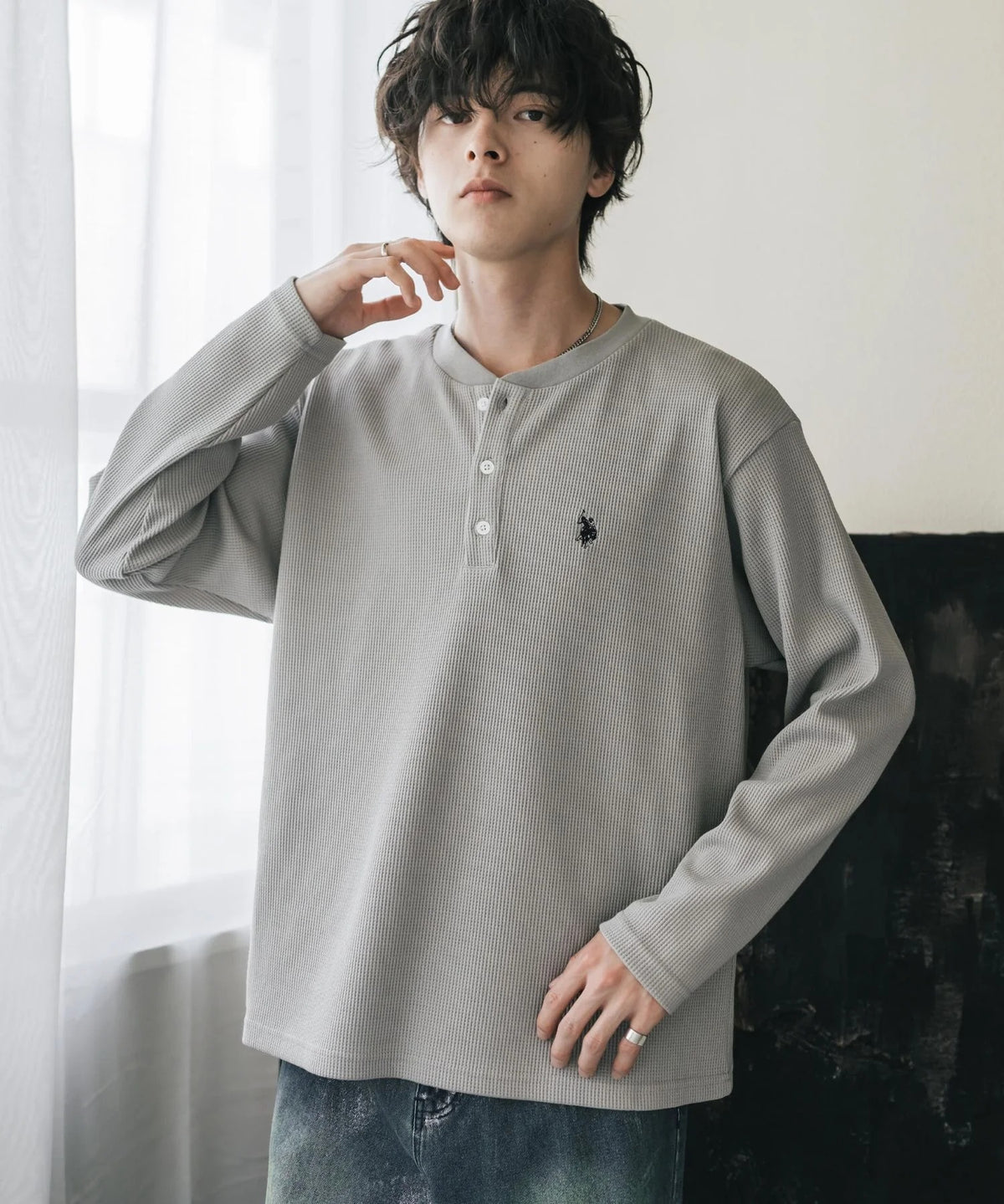 U.S. POLO ASSN. / 刺繡格紋 亨利領長袖T恤（日本聯名限定）