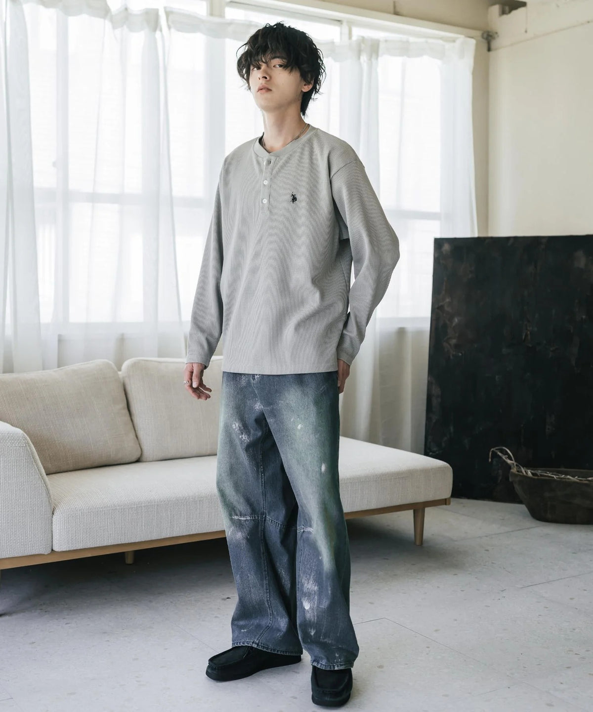 U.S. POLO ASSN. / 刺繡格紋 亨利領長袖T恤（日本聯名限定）
