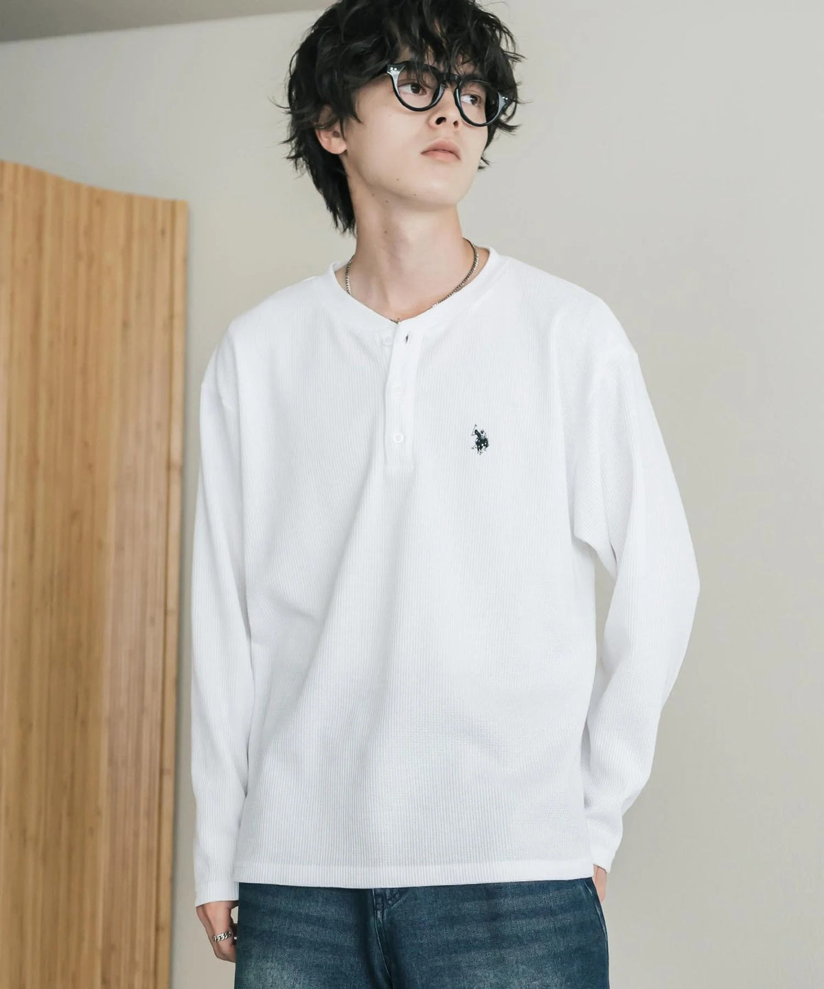U.S. POLO ASSN. / 刺繡格紋 亨利領長袖T恤（日本聯名限定）