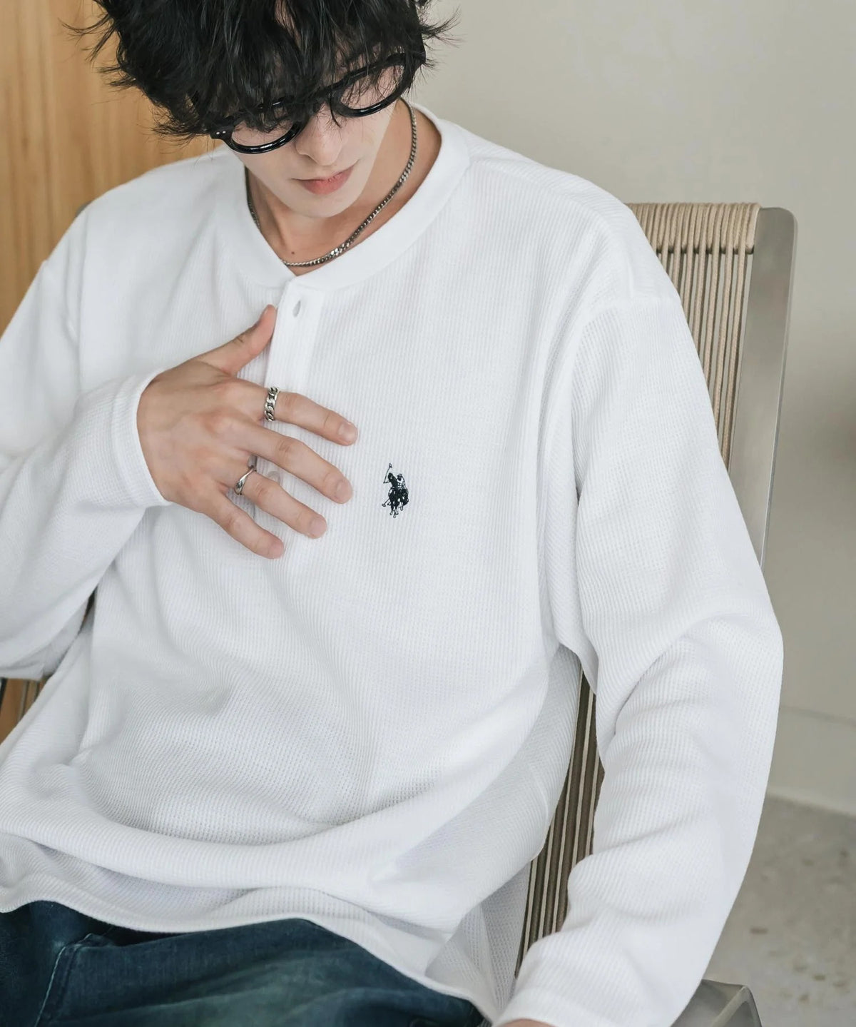U.S. POLO ASSN. / 刺繡格紋 亨利領長袖T恤（日本聯名限定）