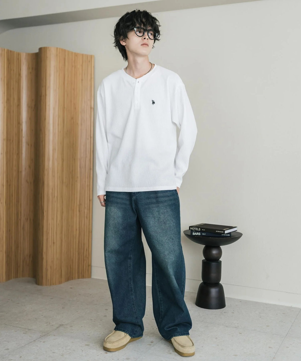 U.S. POLO ASSN. / 刺繡格紋 亨利領長袖T恤（日本聯名限定）