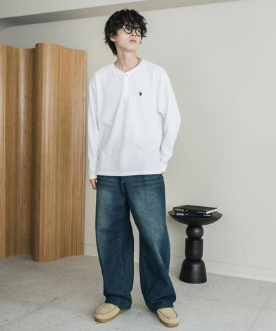U.S. POLO ASSN. / 刺繡格紋 亨利領長袖T恤（日本聯名限定）
