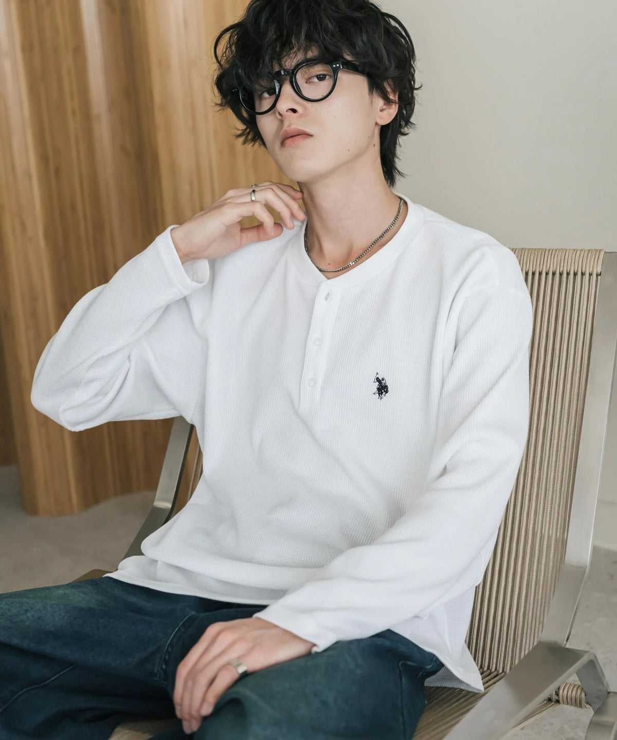 U.S. POLO ASSN. / 刺繡格紋 亨利領長袖T恤（日本聯名限定）