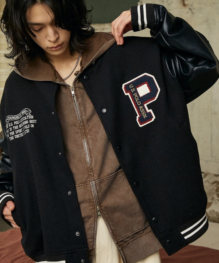 U.S. POLO ASSN. / 合成皮革拼接經典棒球外套