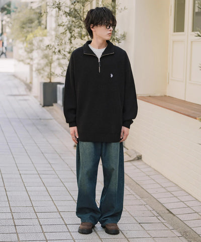 U.S. POLO ASSN.  / 寬鬆畦編刺繡 半拉鍊針織衫（日本聯名限定）