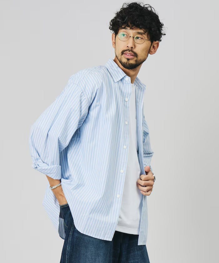 HINSON／日本聯名限定 寬鬆版素色領平織長袖襯衫