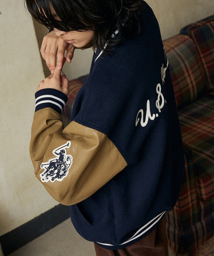 U.S. POLO ASSN. / 合成皮革拼接經典棒球外套