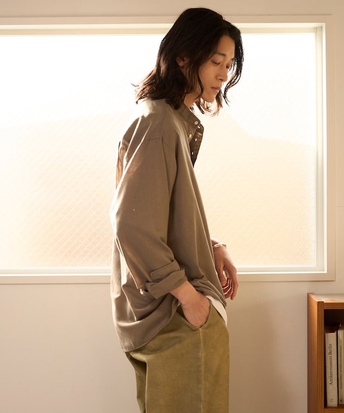 FREAK'S STORE / 亞麻混紡 半開襟 立領襯衫