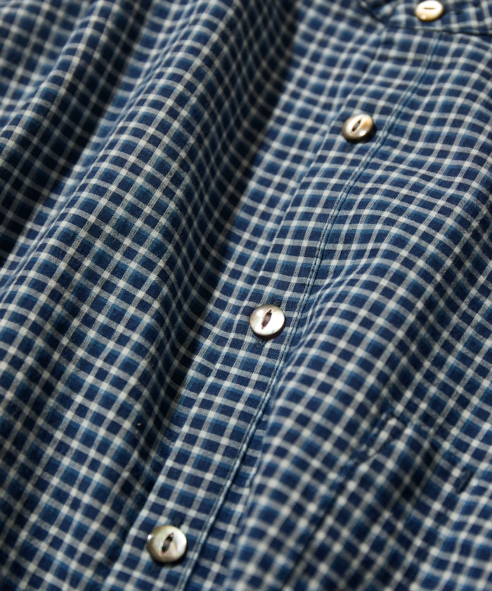CAHLUMN Indigo Madras Check Pullover Stand Collar Shirt / 靛藍染格紋立領套頭襯衫
