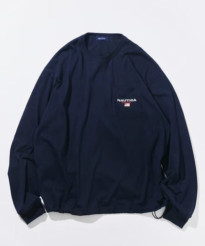 NAUTICA / 旗幟刺繡抽繩下擺長袖口袋T恤