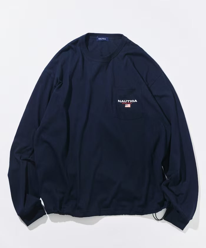 NAUTICA / 旗幟刺繡抽繩下擺長袖口袋T恤