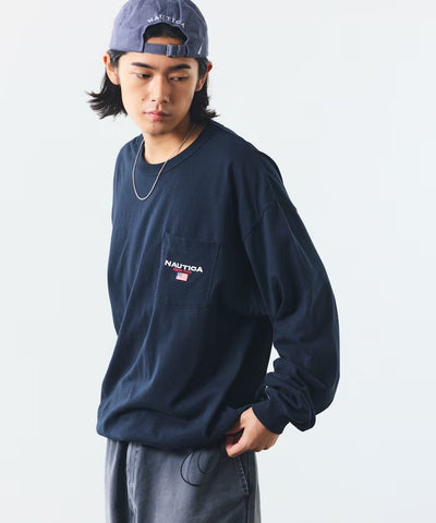 NAUTICA / 旗幟刺繡抽繩下擺長袖口袋T恤